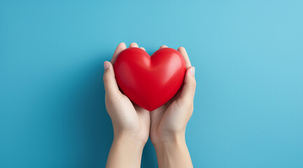 Fototapeta premium The essence of love with hands presenting a red heart on a serene blue background, an eloquent symbol of affection. Generative AI.