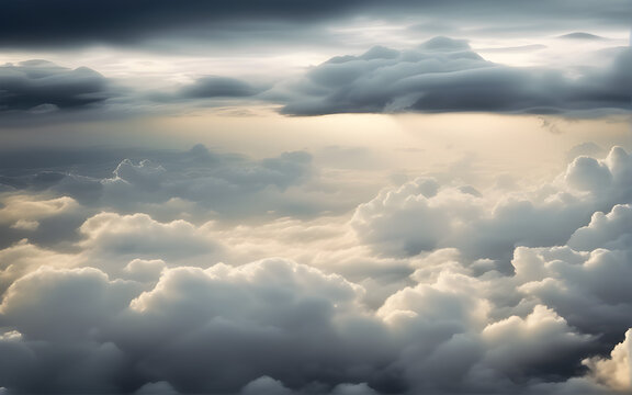 Cloudy sky, grey sky with clouds, winter day during a storm, sky background with clouds, picture from plane