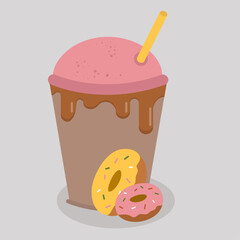 Flat Design Illustration with Takeaway Cup of Hot Drink and Chocolate Cream ,Donuts