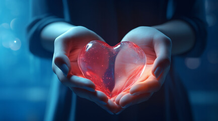 The essence of love with hands presenting a red heart on a serene blue background, an eloquent...