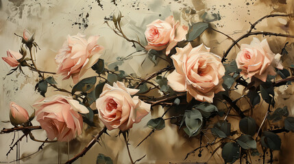 oil painting of a painting of pale pink roses branch on abstract beige backgrounds