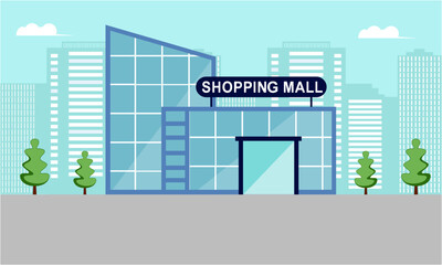 Shopping mall outside composition mall building illustration - obrazy, fototapety, plakaty