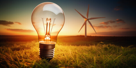 light bulb in a field with wind turbines - obrazy, fototapety, plakaty