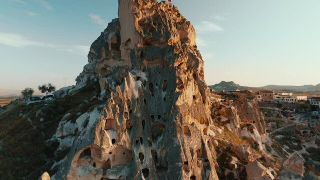 The Famous Uchhisar Cave Castle In Cappadocia, At Sunset, Turkey, Aerial View