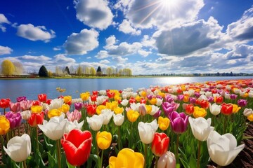 Beautiful landscape with colorful tulips in Zuid-Holland, Netherlands. Generative AI