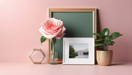 Empty-horizontal-frame-mockup-in-modern-minimalist-interior-with-plant-in-trendy-vase-on-white-wall-background--Template-for-artwork--painting--photo-or-poster