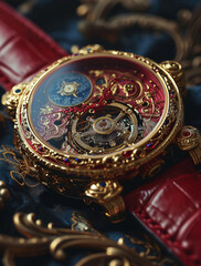 Fototapeta na wymiar Luxurious golden watch with red leather strap