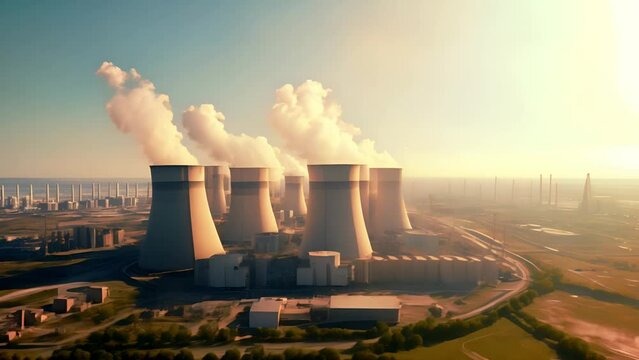 Video AI aerial photography of a nuclear power plant, energy security concept