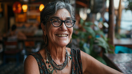 Obraz premium Elderly woman, 65 years old, wearing glasses in a simple environment