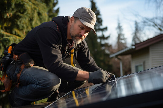 A man installing solar panels on the roof of a house, exemplifying the shift toward clean energy and sustainable power sources.