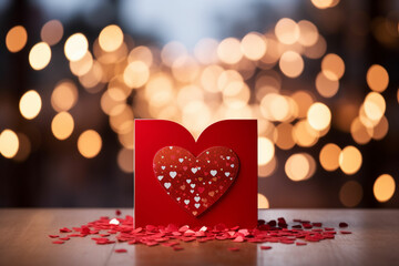 a red heart shaped card on a table with a blurred background