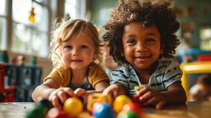 Obraz premium Portrait of a group of children in a kindergarten playing with toys