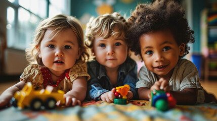 Portrait of a group of children in a kindergarten playing with toys