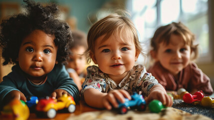 Portrait of a group of children in a kindergarten playing with toys - obrazy, fototapety, plakaty