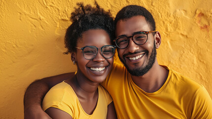 Obraz premium couple of black man and woman wearing glasses in studio photo with clothes and yellow background.