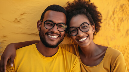 couple of black man and woman wearing glasses in studio photo with clothes and yellow background. - obrazy, fototapety, plakaty