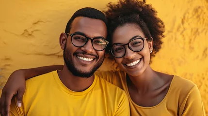 Fotobehang couple of black man and woman wearing glasses in studio photo with clothes and yellow background. © EDI