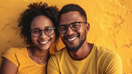 couple of black man and woman wearing glasses in studio photo with clothes and yellow background. - obrazy, fototapety, plakaty