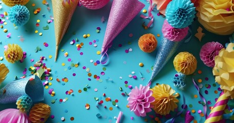 Fototapeta premium colorful party hats and confetti on blue background