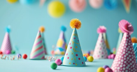 colorful party hats and confetti on blue background