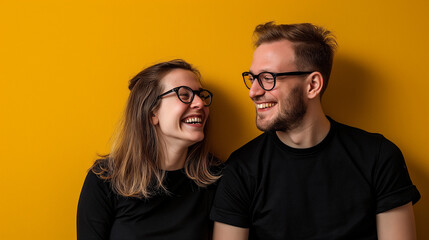 couple of man and woman wearing black clothes and glasses on a yellow background