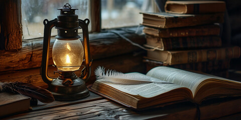 An old kerosene lantern placed beside an open book and a feather quill on a vintage oak desk, nostalgic