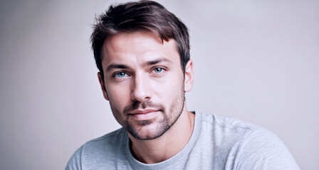 Fototapeta premium ritratto con primo piano di volto di giovane uomo dallo sguardo deciso, sfondo con luce diffusa
