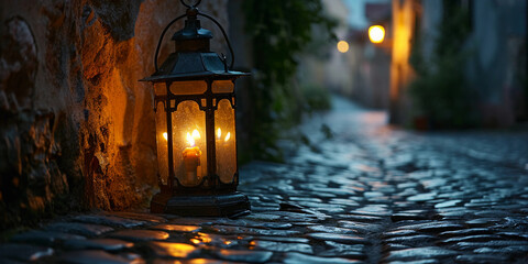 Antique, iron hurricane lantern sitting on a cobblestone path, flickering flame, set in a medieval...