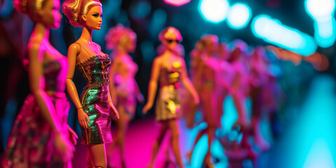 dolls in a fashion runway setting, vibrant, glam, 1980s style neon lighting