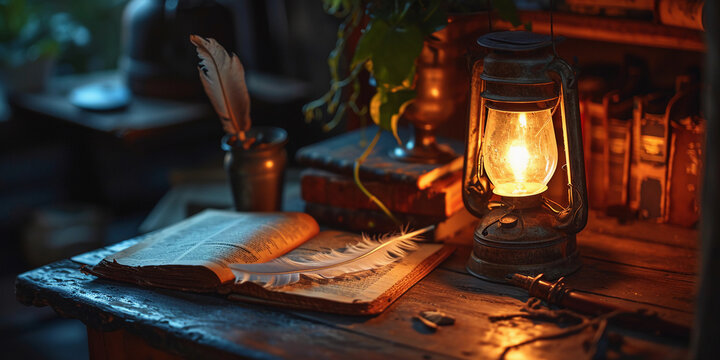 An old kerosene lantern placed beside an open book and a feather quill on a vintage oak desk, nostalgic