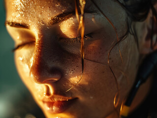 female diver, eyes closed, deep in concentration just before taking her dive