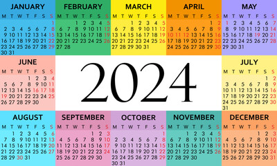 colorful calendar 2024. Template design vector illustration. week starts monday