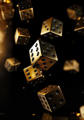 Gold dice on a black background - obrazy, fototapety, plakaty