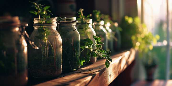 row of assorted recycled glass jars filled with herbs, backlit on a kitchen shelf, focus on textures