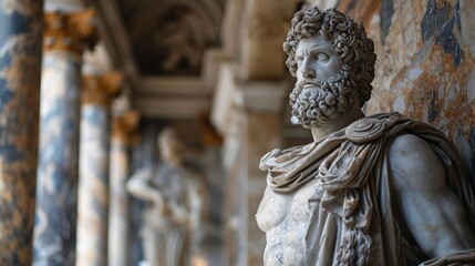 Naklejka premium A stone stoic sculpture, statue of a person in a beautiful environment.