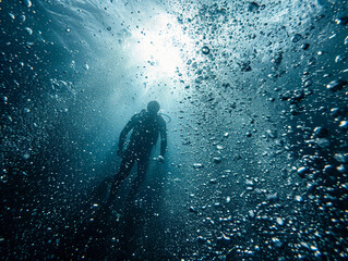 
Underwater shot, male diver submerged just after a headfirst dive, surrounded by thousands of tiny bubbles