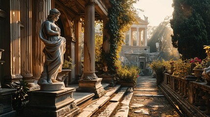 A stone stoic sculpture, statue of a person in a beautiful environment. - obrazy, fototapety, plakaty
