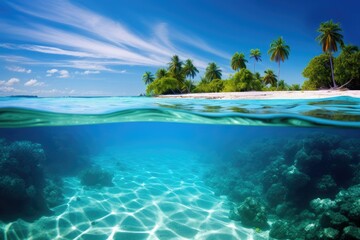 tropical paradise island, beach with coconut trees, beach with sky, seascape and sun on blue sky background - obrazy, fototapety, plakaty