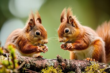 Capturing essence of nature. Cute brown squirrel in forest habitat. Adorable wildlife. Enjoying nut in park. Closeup portrait of curious and rodent