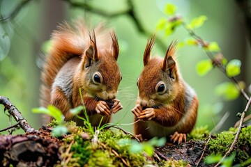 Capturing essence of nature. Cute brown squirrel in forest habitat. Adorable wildlife. Enjoying nut in park. Closeup portrait of curious and rodent