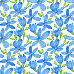 Fototapeta na wymiar Seamless pattern of blue flax flowers, green leaves. Hand drawn illustration by markers on white background. Wildflowers. Botanical hand painted floral elements. For fabric, sketchbook, wallpaper.