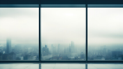 Floor glass windows through which you can see the big city with skyscrapers in the fog, a place for your product