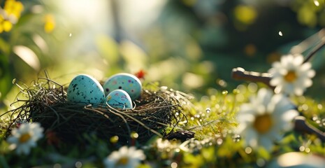 easter eggs nest on grass garden scene
