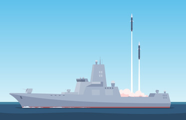 Military ships. A missile carrier launches a missile from the sea. Maritime defense forces from the sea. Vector illustration