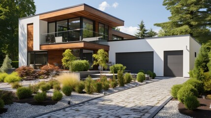Front of modern house from street with white walls, green yard and garage driveway