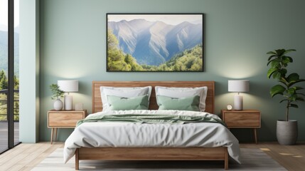 bed with fresh potted plants in a bright room with a poster above