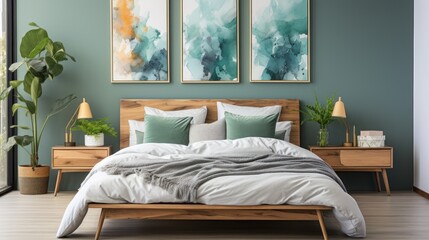 bed with fresh potted plants in a bright room with a poster above