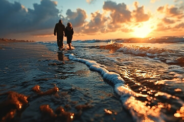 happy couple walking on the beach at sunset, rear view