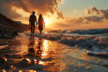 happy couple walking on the beach at sunset, rear view - obrazy, fototapety, plakaty