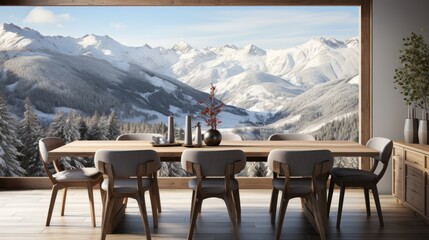 Fototapeta na wymiar Gray chairs and wooden table in dining room with beautiful view